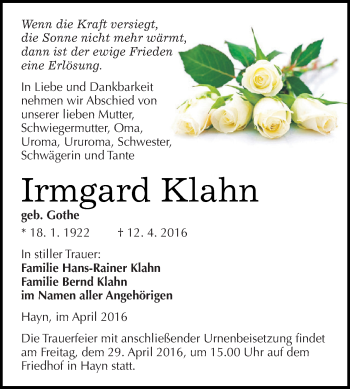 Traueranzeige von Irmgard Klahn von WVG - Wochenspiegel SGH