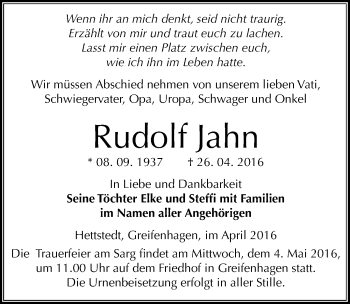 Traueranzeige von Rudolf Jahn von Mitteldeutsche Zeitung Mansfelder Land