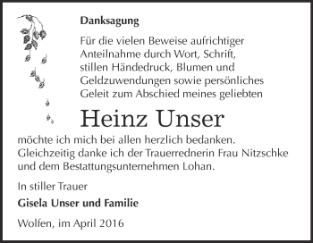 Traueranzeige von Heinz Unser von WVG - Wochenspiegel Bitterfeld
