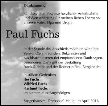Traueranzeige von Paul Fuchs von Mitteldeutsche Zeitung Sangerhausen