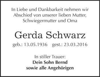 Traueranzeige von Gerda Schwarz von Super Sonntag Wittenberg