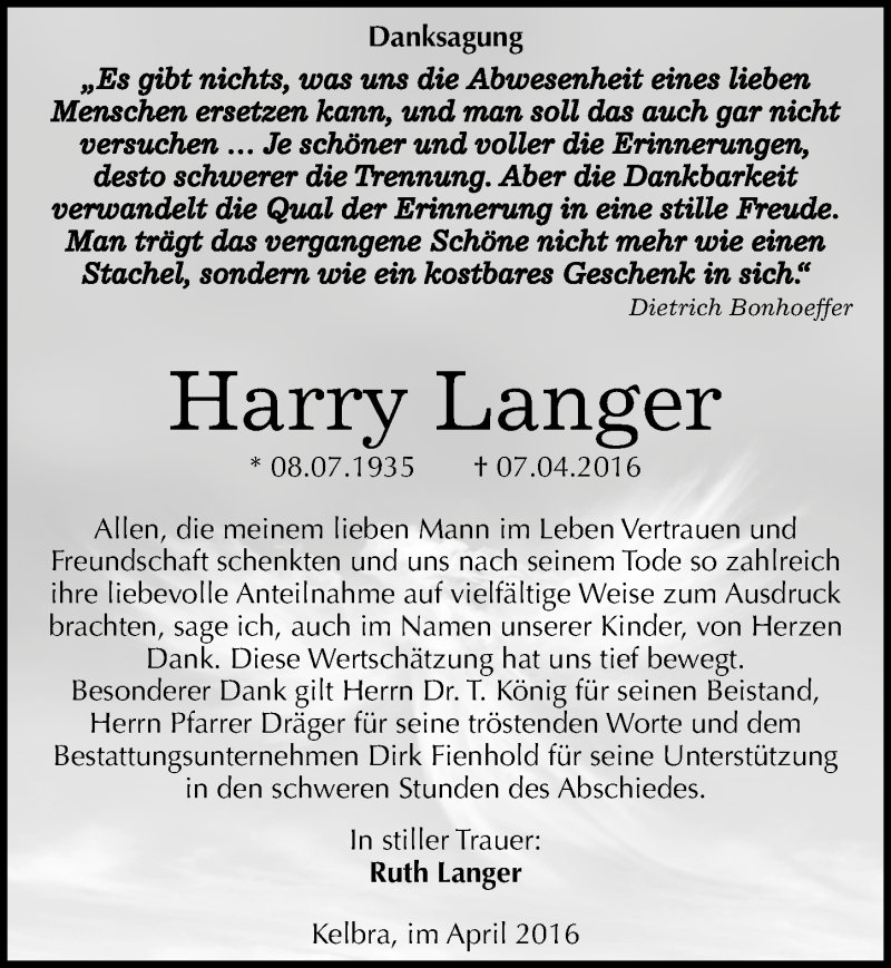  Traueranzeige für Harry Langer vom 20.04.2016 aus Mitteldeutsche Zeitung Sangerhausen