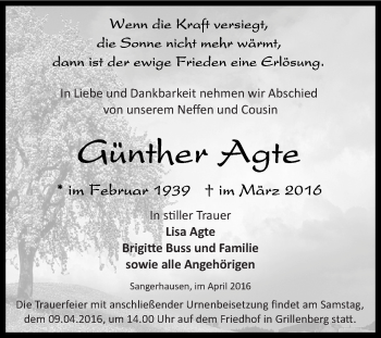Traueranzeige von Günther Agte von Super Sonntag SGH Mansf. Land