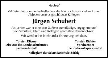 Traueranzeige von Jürgen Schubert von Mitteldeutsche Zeitung Bitterfeld