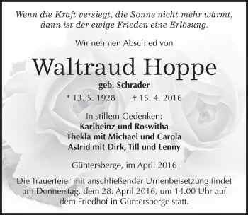 Traueranzeige von Waltraud Hoppe von Mitteldeutsche Zeitung Quedlinburg
