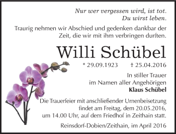 Traueranzeige von Willi Schübel von Mitteldeutsche Zeitung Wittenberg