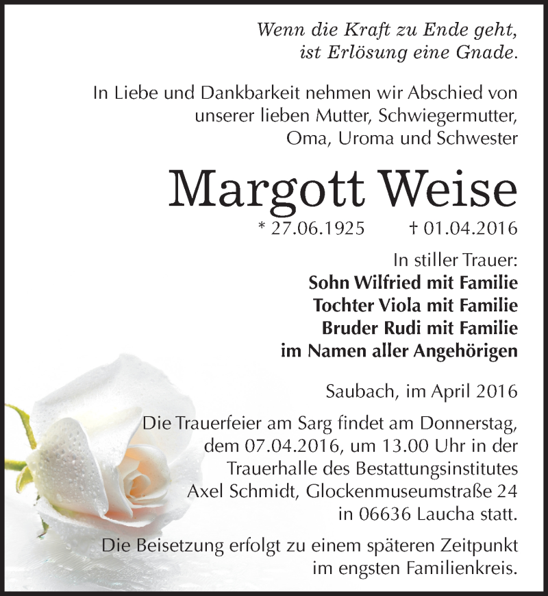  Traueranzeige für Margott Weise vom 06.04.2016 aus Mitteldeutsche Zeitung Naumburg/Nebra
