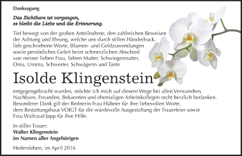 Traueranzeige von Isolde Klingenstein von Mitteldeutsche Zeitung Mansfelder Land