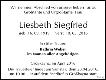 Traueranzeige von Liesbeth Siegfried von Mitteldeutsche Zeitung Merseburg/Querfurt