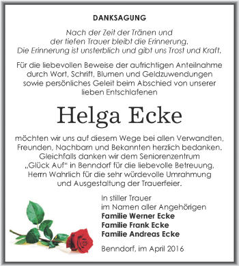 Traueranzeige von Helga Ecke von Super Sonntag SGH Mansf. Land