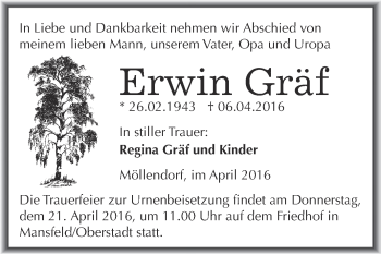Traueranzeige von Erwin Gräf von Wochenspiegel Mansfelder Land
