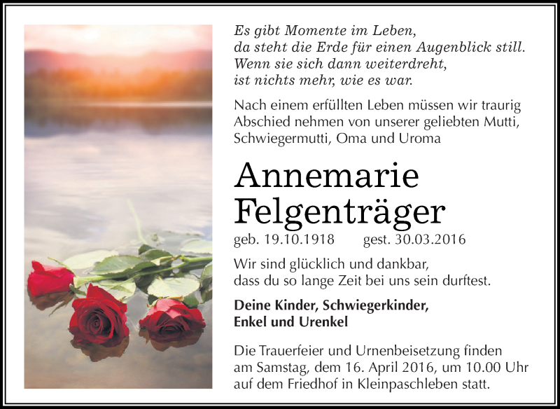  Traueranzeige für Annemarie Felgenträger vom 09.04.2016 aus WVG - Wochenspiegel Dessau / Köthen