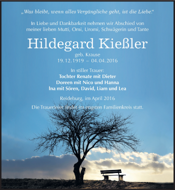 Traueranzeige von Hildegard Kießler von Mitteldeutsche Zeitung Halle/Saalkreis