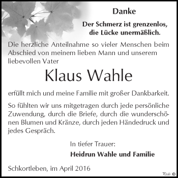 Traueranzeige von Klaus Wahle von WVG - Wochenspiegel NMB / WSF / ZTZ