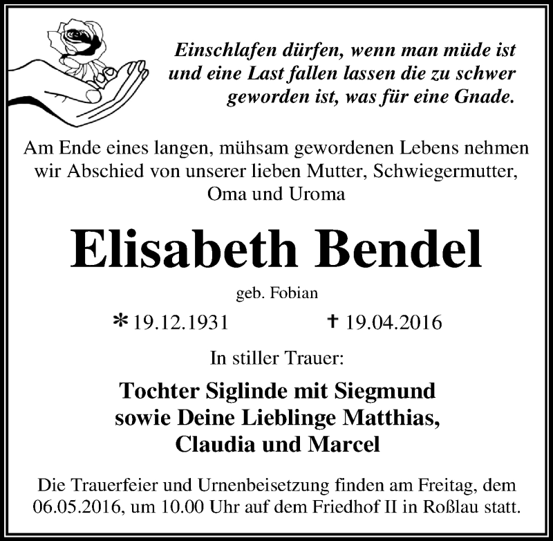  Traueranzeige für Elisabeth Bendel vom 30.04.2016 aus Mitteldeutsche Zeitung Dessau-Roßlau
