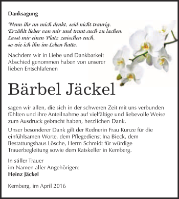 Traueranzeige von Bärbel Jäckel von WVG - Wochenspiegel Wittenberg