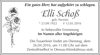 Traueranzeige von Elli Schoß von WVG - Wochenspiegel Dessau / Köthen
