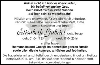 Traueranzeige von Elisabeth Gabriel von Mitteldeutsche Zeitung Bernburg