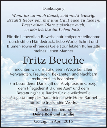 Traueranzeige von Fritz Beuche von Mitteldeutsche Zeitung Köthen