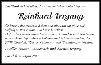 Traueranzeige von Reinhrad Irrgang von Mitteldeutsche Zeitung Sangerhausen