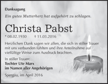 Traueranzeige von Christa Pabst von Super Sonntag Merseburg
