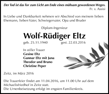 Traueranzeige von Wolf-Rüdiger Eltz von Mitteldeutsche Zeitung Zeitz