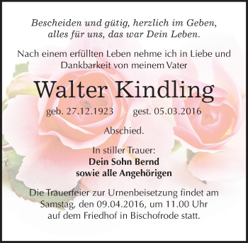 Traueranzeige von Walter Kindling von Mitteldeutsche Zeitung Mansfelder Land
