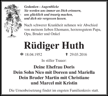 Traueranzeige von Rüdiger Huth von WVG - Wochenspiegel Dessau / Köthen