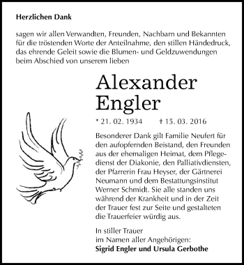 Traueranzeige von Alexander Engler von Mitteldeutsche Zeitung Quedlinburg
