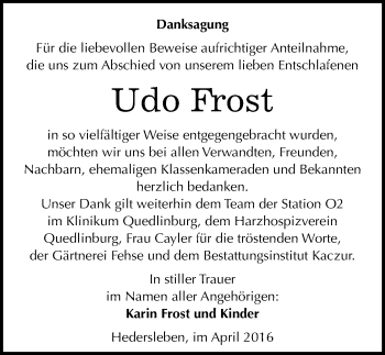 Traueranzeige von Udo Frost von Mitteldeutsche Zeitung Quedlinburg