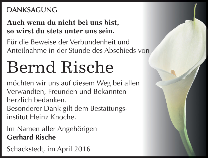  Traueranzeige für Bernd Rische vom 30.04.2016 aus Mitteldeutsche Zeitung Bernburg