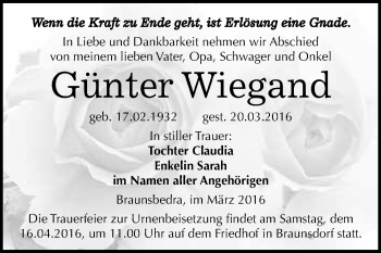 Traueranzeige von Günter Wiegand von WVG - Wochenspiegel Merseburg