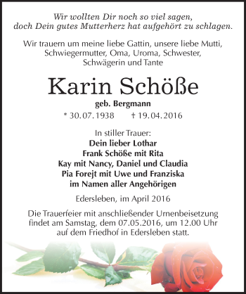 Traueranzeige von Karin Schöße von Mitteldeutsche Zeitung Sangerhausen
