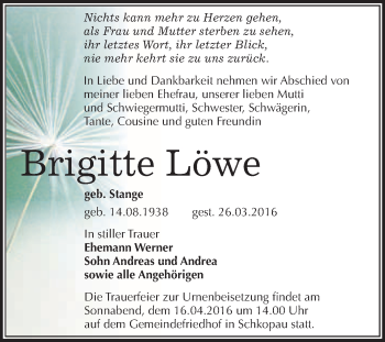 Traueranzeige von Brigitte Löwe von WVG - Wochenspiegel Merseburg