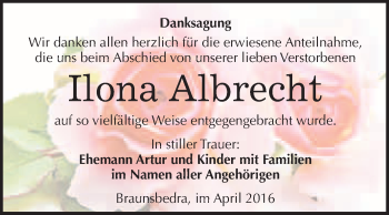 Traueranzeige von Ilona Albrecht von WVG - Wochenspiegel Merseburg