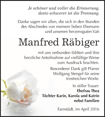 Traueranzeige von Manfred Räbiger von WVG - Wochenspiegel Merseburg