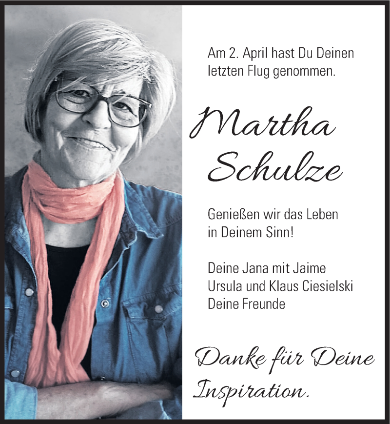  Traueranzeige für Martha Schulze vom 06.04.2016 aus Mitteldeutsche Zeitung Halle/Saalkreis