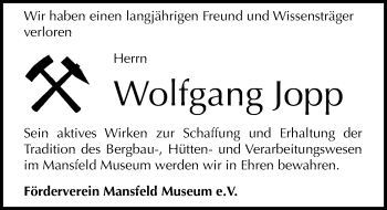 Traueranzeige von Wolfgang Jopp von Mitteldeutsche Zeitung Mansfelder Land