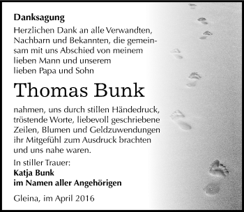 Traueranzeige von Thomas Bunk von Mitteldeutsche Zeitung Merseburg/Querfurt