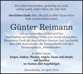 Traueranzeige von Günter Reimann von WVG - Wochenspiegel Merseburg