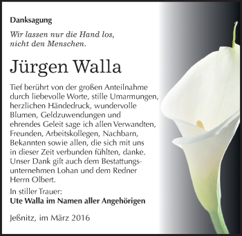 Traueranzeige von Jürgen Walla von Mitteldeutsche Zeitung Bitterfeld