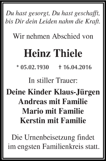 Traueranzeige von Heinz Thiele von WVG - Wochenspiegel Dessau / Köthen