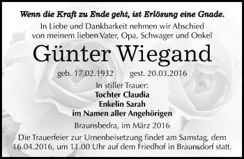 Traueranzeige von Günter Wiegand von Mitteldeutsche Zeitung Merseburg/Querfurt
