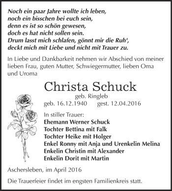Traueranzeige von Christa Schuck von Super Sonntag Aschersleben