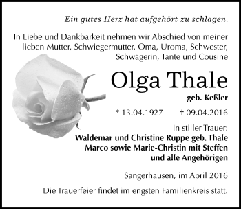 Traueranzeige von Olga Thale von Mitteldeutsche Zeitung Sangerhausen