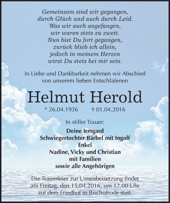 Traueranzeige von Helmut Herold von Mitteldeutsche Zeitung Mansfelder Land