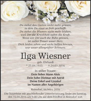 Traueranzeige von Ilga Wiesner von WVG - Wochenspiegel Merseburg