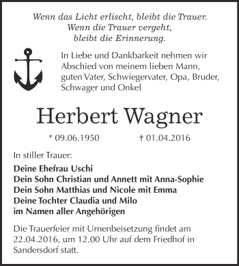 Traueranzeige von Herbert Wagner von WVG - Wochenspiegel Bitterfeld