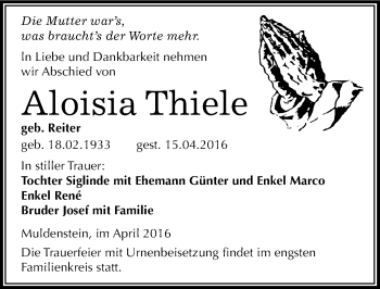 Traueranzeige von Aloisia Thiele von Mitteldeutsche Zeitung Bitterfeld