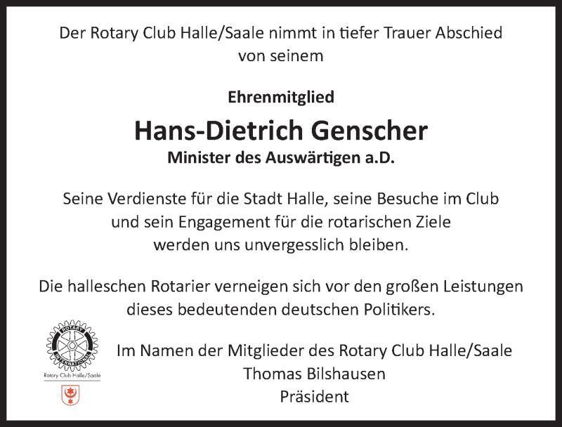  Traueranzeige für Hans-Dietrich Genscher vom 12.04.2016 aus Mitteldeutsche Zeitung Halle/Saalkreis